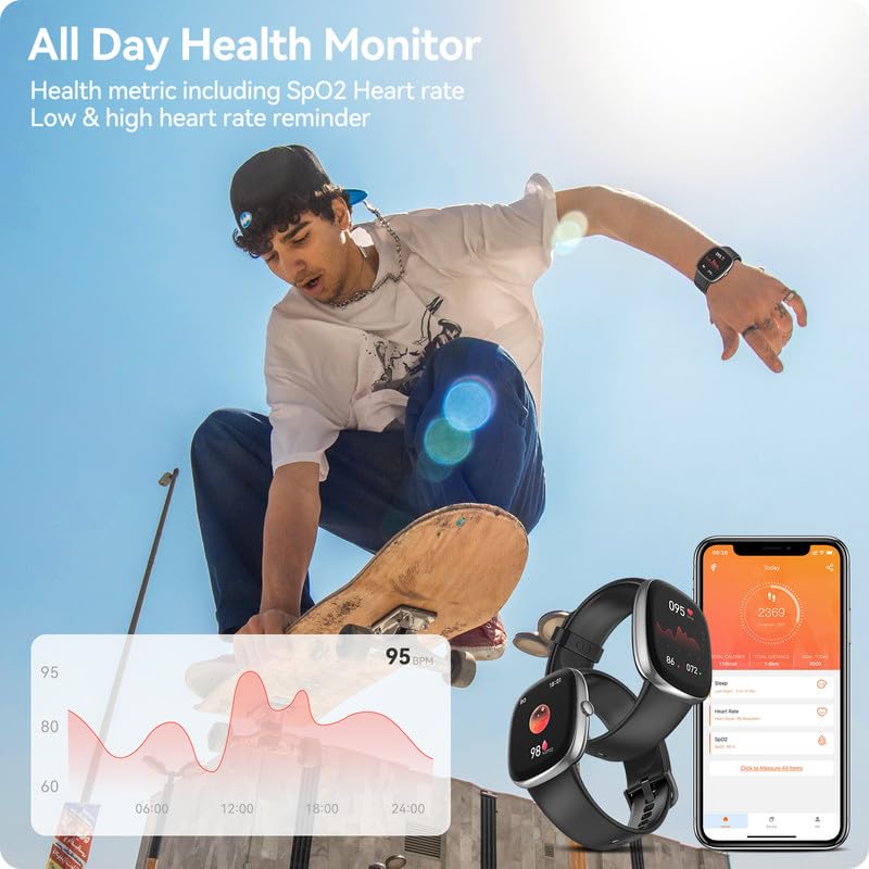 Anyloop Smart Orologi da Uomo Donne con Frequenza Cardiaca 24 ore su 24, 7 giorni su 7 Monitor Ossigeno nel Sangue Monitoraggio del Sonno, 46mm 37g Step Calorie Contatore Fitness Orologio Tracker Attività per Telefoni iOS e Android