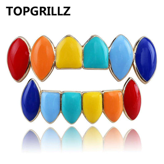 TOPGRILLZ Hip Hop Gold Tekashi69  Rainbow Teeth Grillz Top&Bottom Colorful Grills Dental Halloween Vampire Teeth Utoper