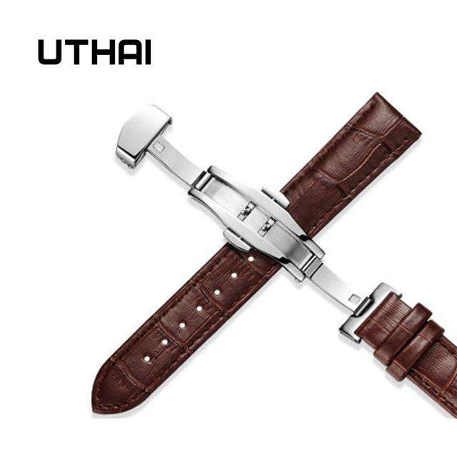 Brown-24mm UTHAI Z09 Genuine Leather Watchbands 12-24mm Universal Watch Butterfly buckle Band Steel Buckle Strap Wrist Belt Bracelet + Tool Utoper