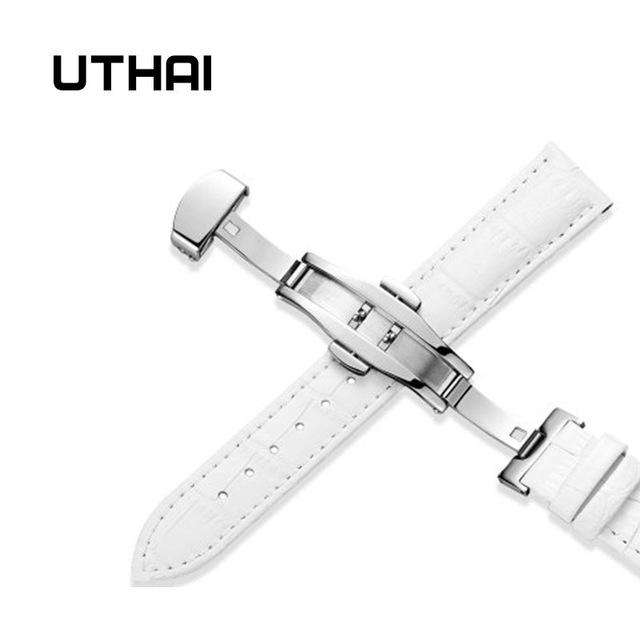 White-24mm UTHAI Z09 Genuine Leather Watchbands 12-24mm Universal Watch Butterfly buckle Band Steel Buckle Strap Wrist Belt Bracelet + Tool Utoper
