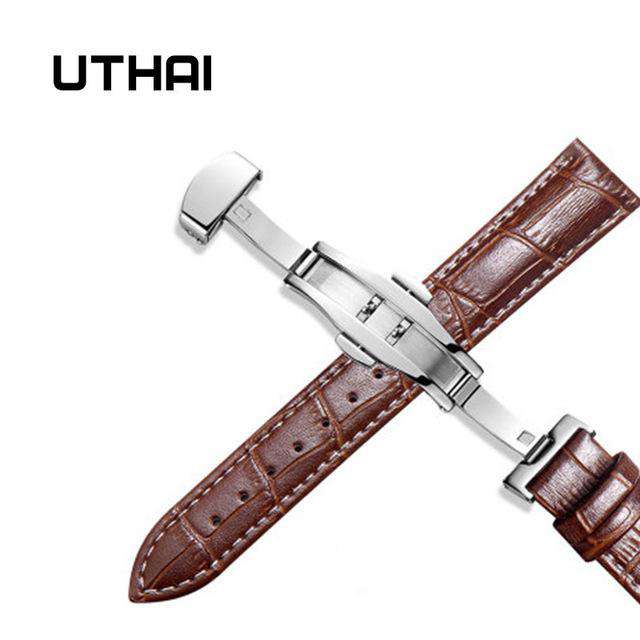 Brown-white-line-24mm UTHAI Z09 Genuine Leather Watchbands 12-24mm Universal Watch Butterfly buckle Band Steel Buckle Strap Wrist Belt Bracelet + Tool Utoper
