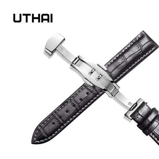 Black-white-line-24mm UTHAI Z09 Genuine Leather Watchbands 12-24mm Universal Watch Butterfly buckle Band Steel Buckle Strap Wrist Belt Bracelet + Tool Utoper