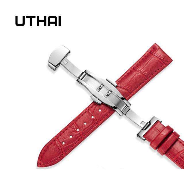 Red-24mm UTHAI Z09 Genuine Leather Watchbands 12-24mm Universal Watch Butterfly buckle Band Steel Buckle Strap Wrist Belt Bracelet + Tool Utoper