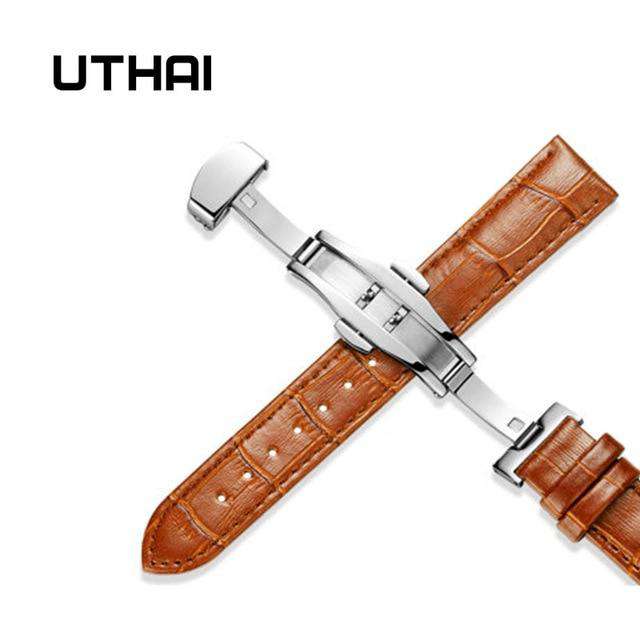 Light-Brown-24mm UTHAI Z09 Genuine Leather Watchbands 12-24mm Universal Watch Butterfly buckle Band Steel Buckle Strap Wrist Belt Bracelet + Tool Utoper