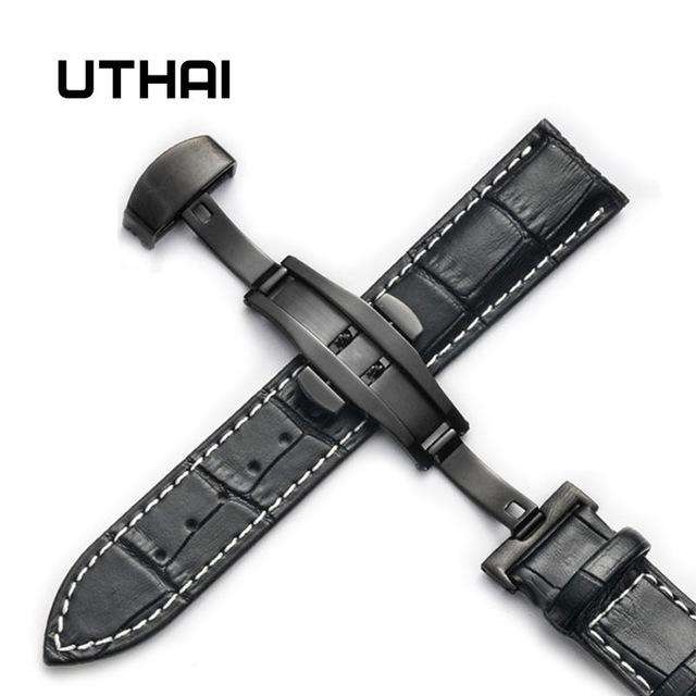 Black-black-white-24mm UTHAI Z09 Plus Genuine Leather Watchbands 12-24mm Universal Watch Butterfly Buckle Band Steel Buckle Strap 22mm watch band Utoper
