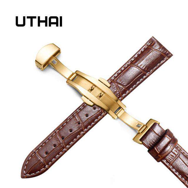 Gold-brown-white-24mm UTHAI Z09 Plus Genuine Leather Watchbands 12-24mm Universal Watch Butterfly Buckle Band Steel Buckle Strap 22mm watch band Utoper