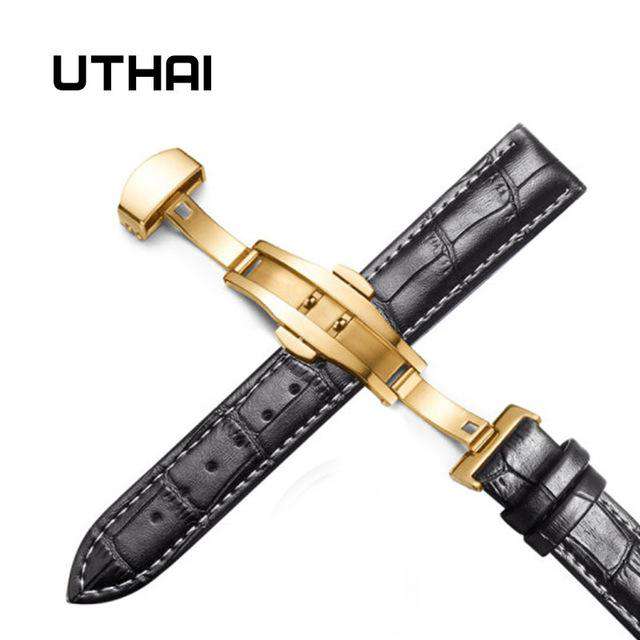 Gold-black-white-24mm UTHAI Z09 Plus Genuine Leather Watchbands 12-24mm Universal Watch Butterfly Buckle Band Steel Buckle Strap 22mm watch band Utoper