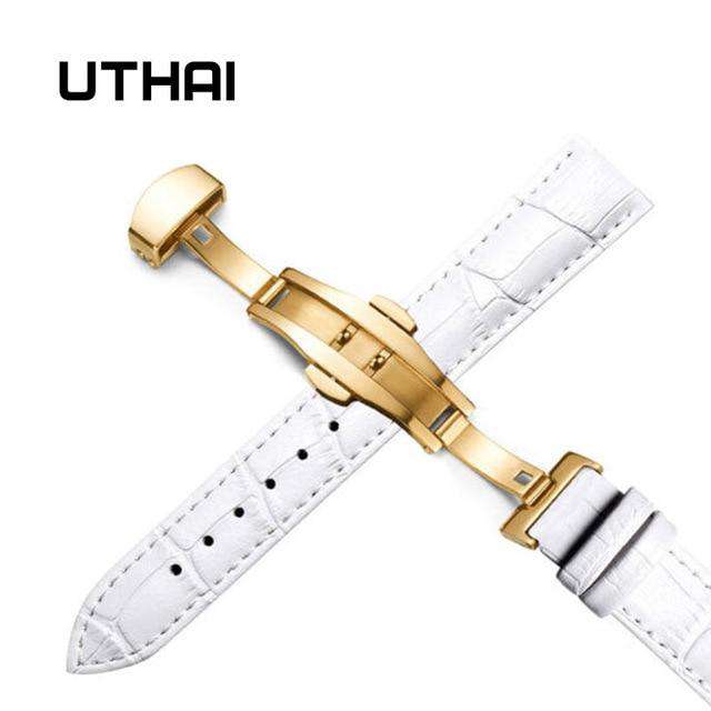 Gold-white-24mm UTHAI Z09 Plus Genuine Leather Watchbands 12-24mm Universal Watch Butterfly Buckle Band Steel Buckle Strap 22mm watch band Utoper