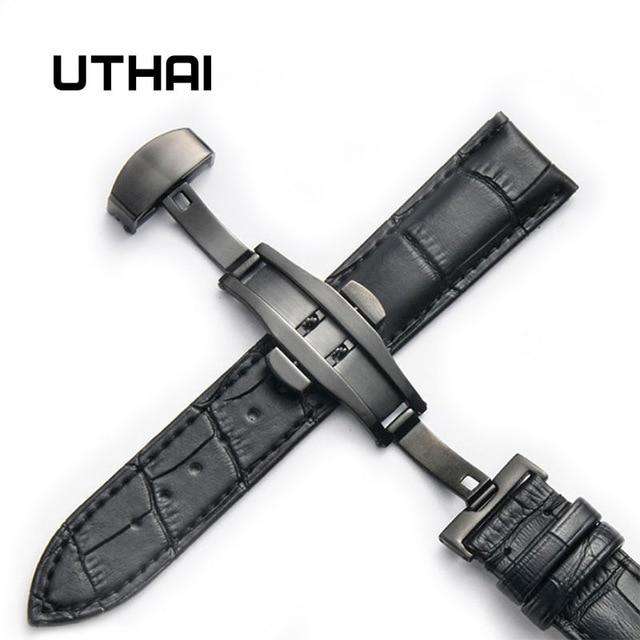 Black-black-24mm UTHAI Z09 Plus Genuine Leather Watchbands 12-24mm Universal Watch Butterfly Buckle Band Steel Buckle Strap 22mm watch band Utoper