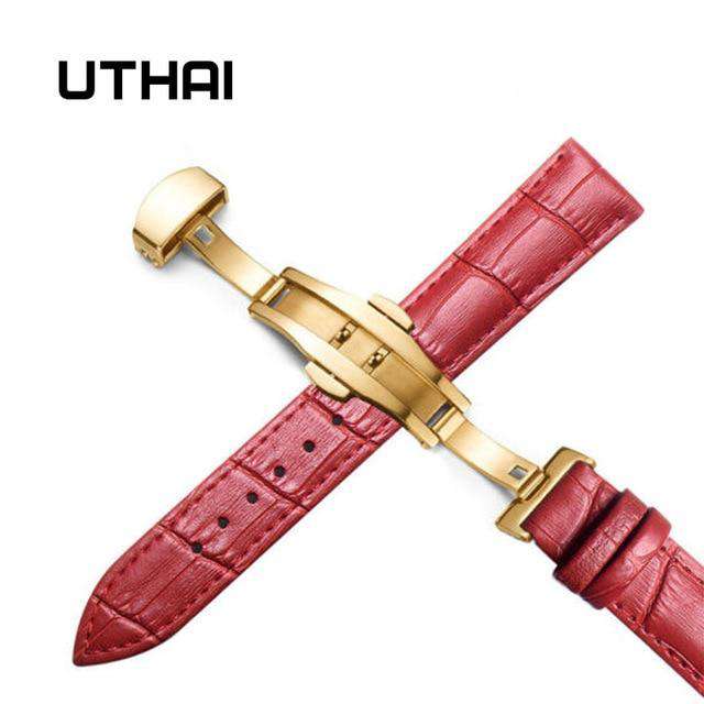 Gold-red-24mm UTHAI Z09 Plus Genuine Leather Watchbands 12-24mm Universal Watch Butterfly Buckle Band Steel Buckle Strap 22mm watch band Utoper