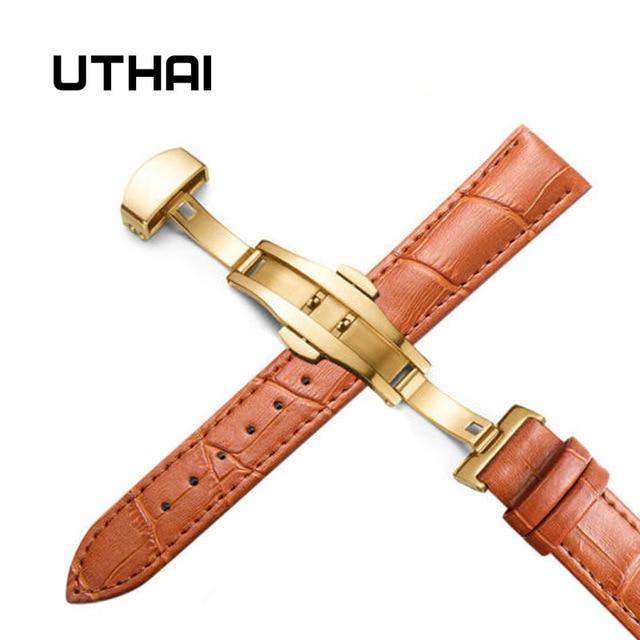 Gold-light-brown-24mm UTHAI Z09 Plus Genuine Leather Watchbands 12-24mm Universal Watch Butterfly Buckle Band Steel Buckle Strap 22mm watch band Utoper