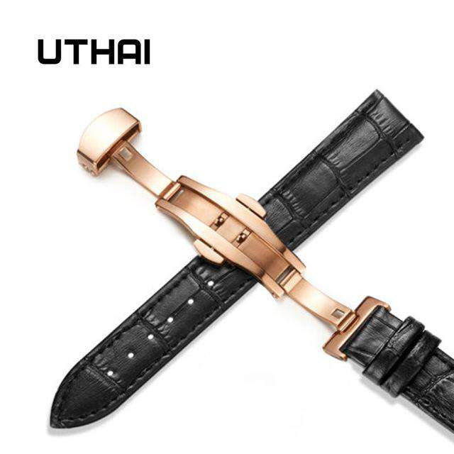 Rosegold-black-12mm UTHAI Z09 Plus Genuine Leather Watchbands 12-24mm Universal Watch Butterfly Buckle Band Steel Buckle Strap 22mm watch band Utoper