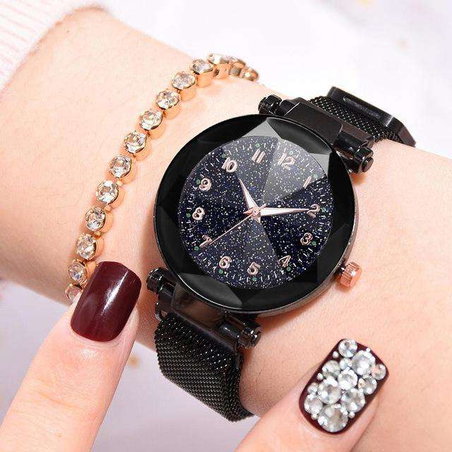 Black Watches Women Fashion Luxury Stainless Steel Magnetic Buckle Strap Refractive surface Luminous Dial Ladies Quartz Watch Utoper