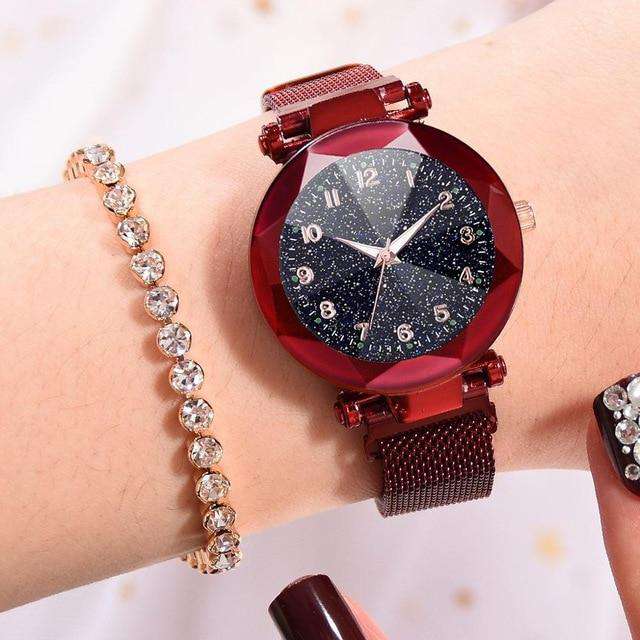 Red Watches Women Fashion Luxury Stainless Steel Magnetic Buckle Strap Refractive surface Luminous Dial Ladies Quartz Watch Utoper