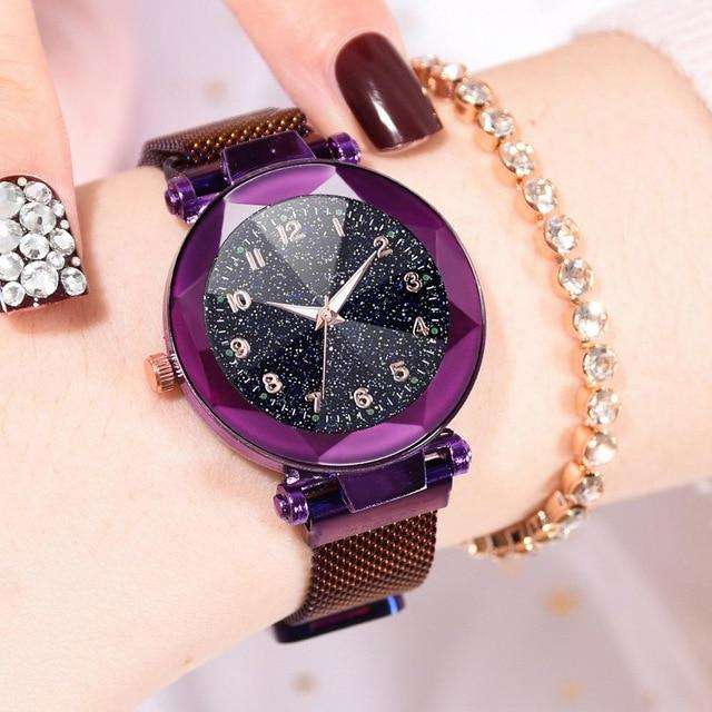 Purple Watches Women Fashion Luxury Stainless Steel Magnetic Buckle Strap Refractive surface Luminous Dial Ladies Quartz Watch Utoper