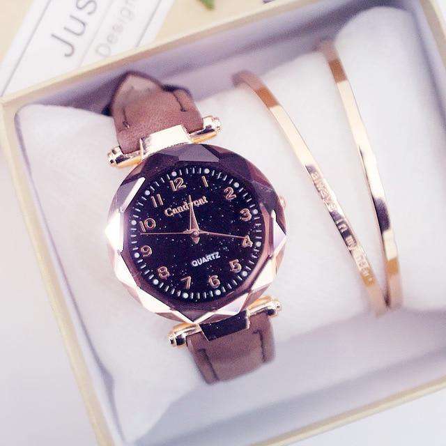 brown-with-bracelet Women Fashion Watches Hot Sale Cheap Starry Sky Ladies Bracelet Watch Casual Leather Quartz Wristwatches Clock Relogio Feminino Utoper