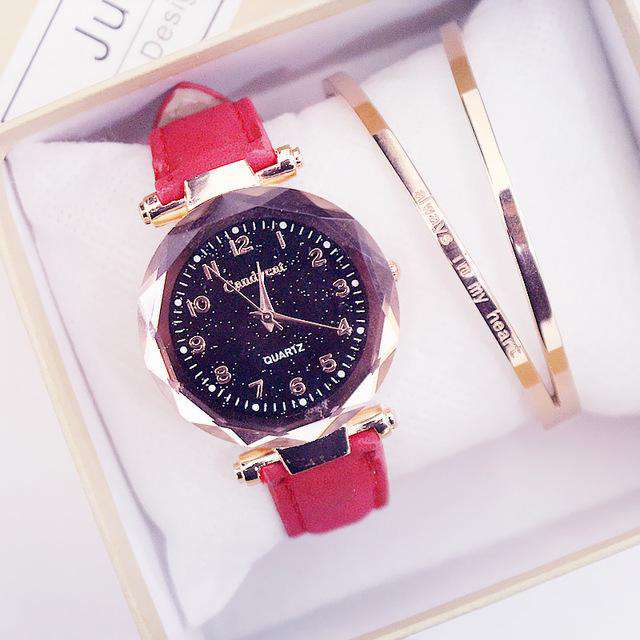 red-with-bracelet Women Fashion Watches Hot Sale Cheap Starry Sky Ladies Bracelet Watch Casual Leather Quartz Wristwatches Clock Relogio Feminino Utoper