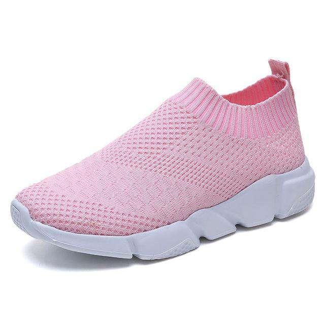 Pink-10.5 Women Shoes 2019 New Flyknit Sneakers Women Breathable Slip On Flat Shoes Soft Bottom White Sneakers Casual Women Flats Krasovki Utoper