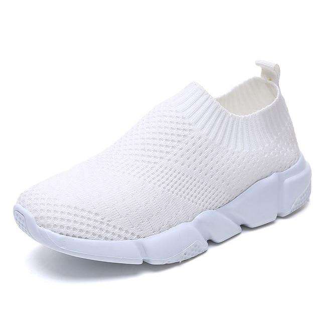 White-10.5 Women Shoes 2019 New Flyknit Sneakers Women Breathable Slip On Flat Shoes Soft Bottom White Sneakers Casual Women Flats Krasovki Utoper