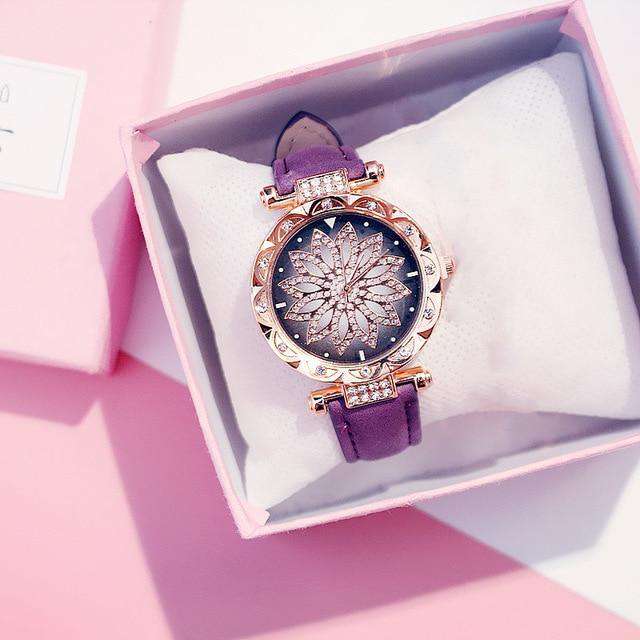 Purple-Color Women Starry Sky Watch Luxury Rose Gold Diamond Watches Ladies Casual Leather Band Quartz Wristwatch Female Clock zegarek damski Utoper