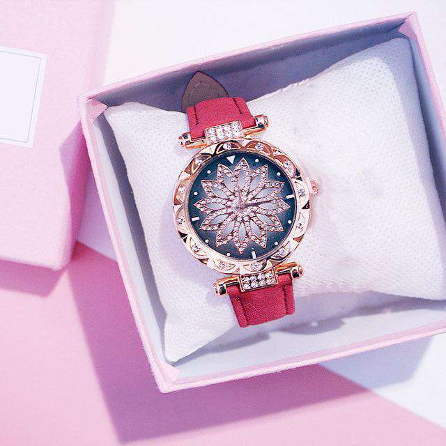 Red-Color Women Starry Sky Watch Luxury Rose Gold Diamond Watches Ladies Casual Leather Band Quartz Wristwatch Female Clock zegarek damski Utoper