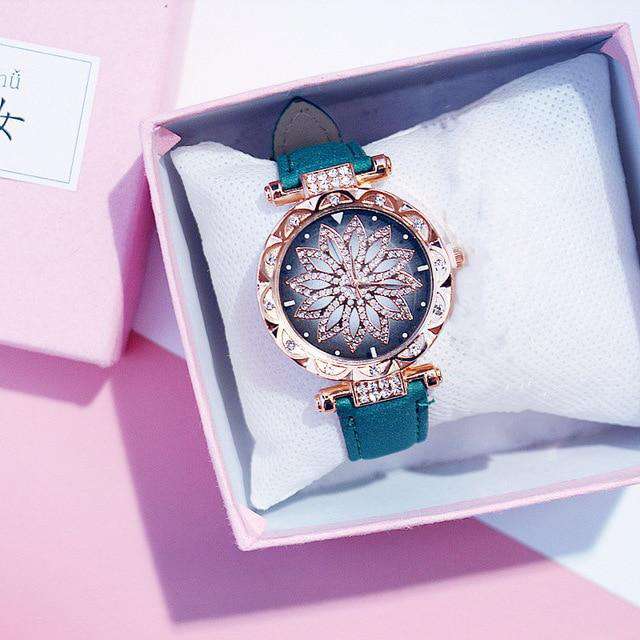 Green-Color Women Starry Sky Watch Luxury Rose Gold Diamond Watches Ladies Casual Leather Band Quartz Wristwatch Female Clock zegarek damski Utoper