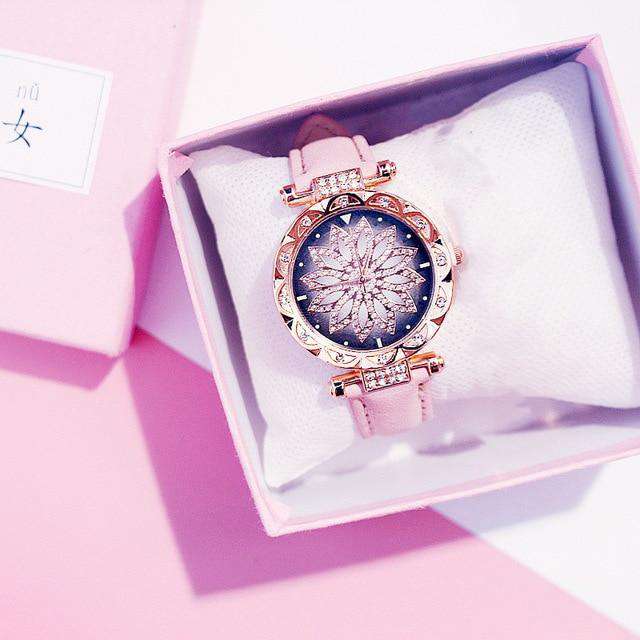 Pink-Color Women Starry Sky Watch Luxury Rose Gold Diamond Watches Ladies Casual Leather Band Quartz Wristwatch Female Clock zegarek damski Utoper