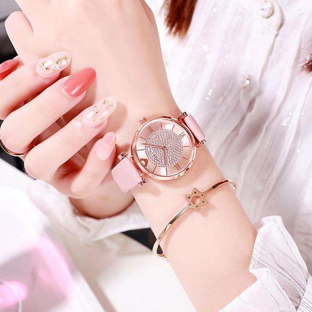 leather-pink Women Watches 2019 Luxury Diamond Rose Gold Ladies Wrist Watches Magnetic Women Bracelet Watch For Female Clock Relogio Feminino Utoper