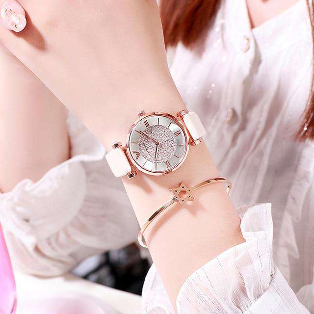 leather-white Women Watches 2019 Luxury Diamond Rose Gold Ladies Wrist Watches Magnetic Women Bracelet Watch For Female Clock Relogio Feminino Utoper