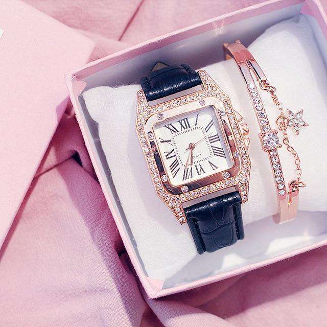Black-and-bracelet Women diamond Watch starry Luxury Bracelet set Watches Ladies Casual Leather Band Quartz Wristwatch Female Clock zegarek damski Utoper