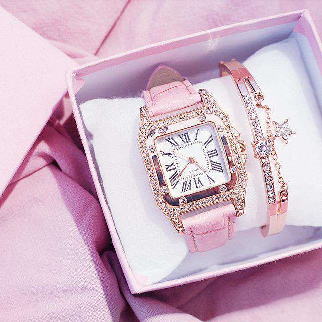 Pink-and-bracelet Women diamond Watch starry Luxury Bracelet set Watches Ladies Casual Leather Band Quartz Wristwatch Female Clock zegarek damski Utoper