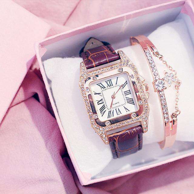 Brown-and-bracelet Women diamond Watch starry Luxury Bracelet set Watches Ladies Casual Leather Band Quartz Wristwatch Female Clock zegarek damski Utoper