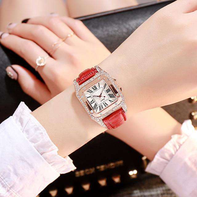 Red Women diamond Watch starry Luxury Bracelet set Watches Ladies Casual Leather Band Quartz Wristwatch Female Clock zegarek damski Utoper
