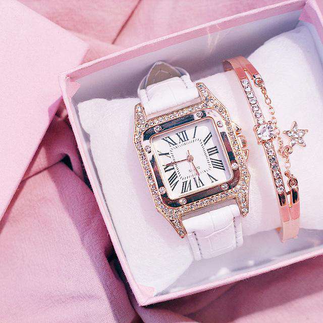 White-and-bracelet Women diamond Watch starry Luxury Bracelet set Watches Ladies Casual Leather Band Quartz Wristwatch Female Clock zegarek damski Utoper