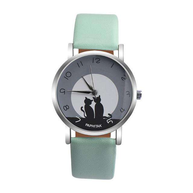 H Women's watches casual watches Leather Cute Cat Pattern Leather Watch women Ladies quartz wristwatches montre femme #D Utoper