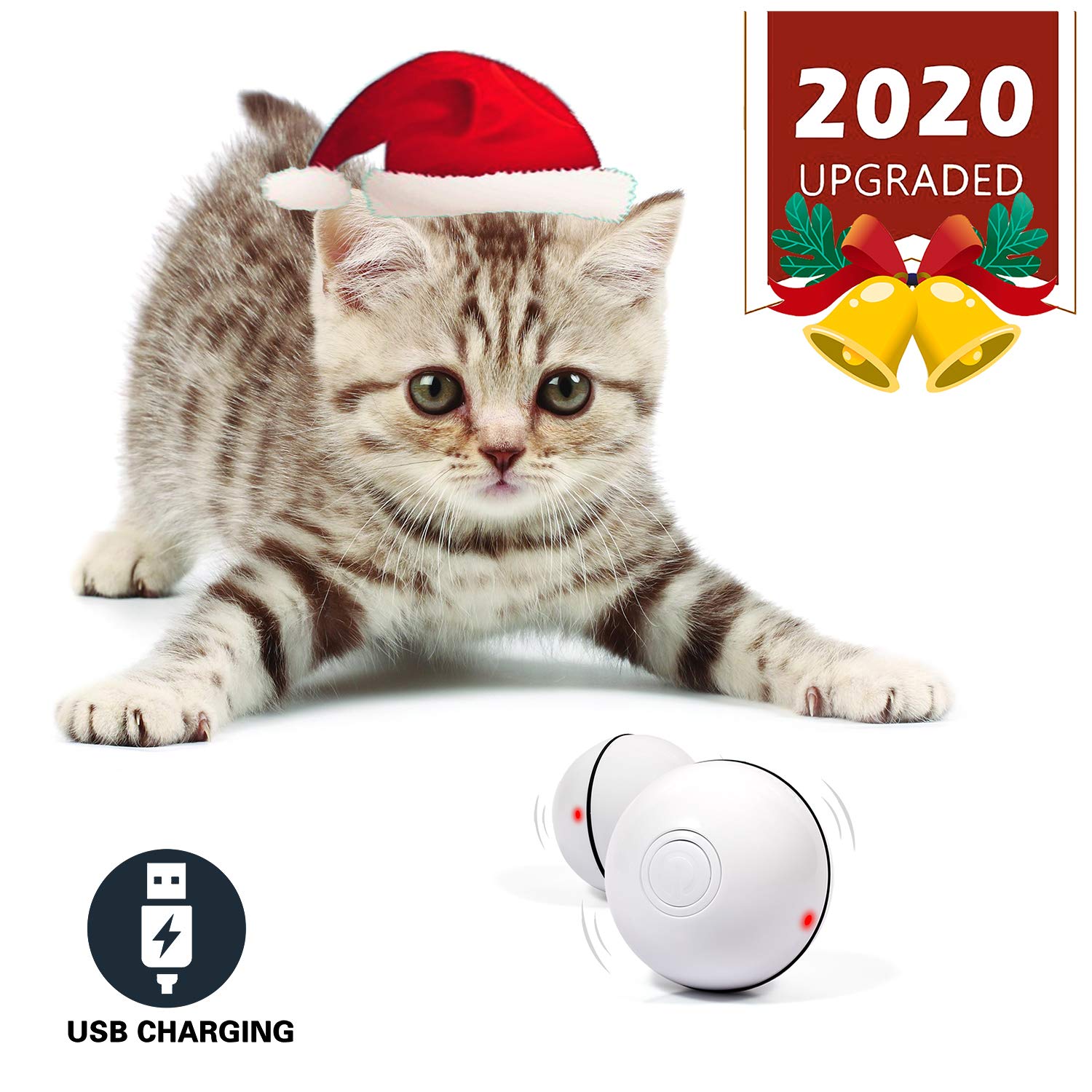 White YOFUN Smart Interactive Cat Toy - Newest Version 360 Degree Self Rotating Ball, USB Rechargeable Pet Toy, Build-in Spinning Led Light, Stimulate Hunting Instinct for Your Kitty Utoper